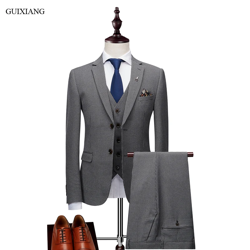 

2018 New Arrival Style Men High-end Boutique Leisure Suits Business Casual Thousand bird Grid Three-piece Male Suit Coat M-3XL