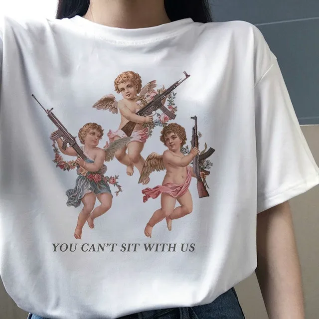 

Fashionshow-JF You Can't Sit with Us Cool Fashion Cherub T Shirt Angel Koko 90s Pink Aesthetic T-Shirt Women