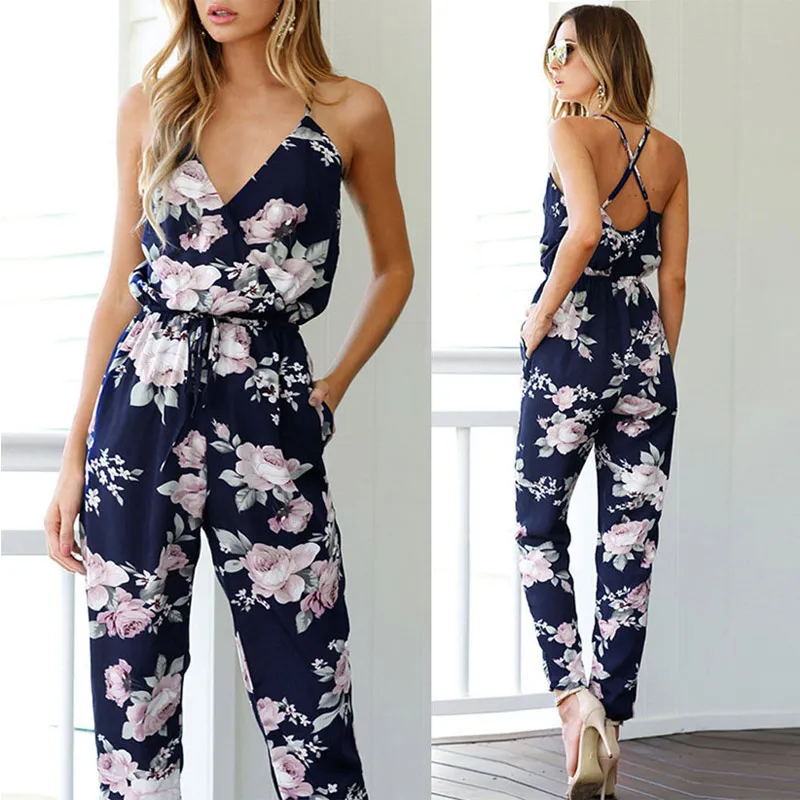 

Newly Women Summer Floral Jumpsuit Strappy Back Cross Print V Neck Sleeveless Female Bodysuit VK-ING