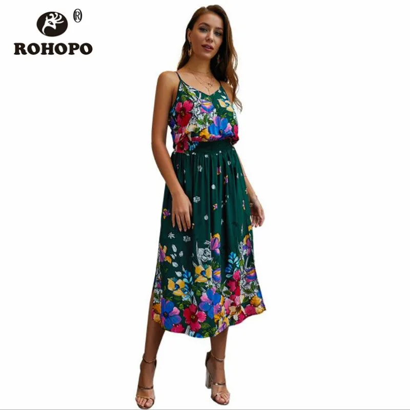 

Sleeveless Bohemian Strap Open Back Dress Floral Elastic Waist Split Summer Fashion Female Mid Length Vintage Dress #C3135