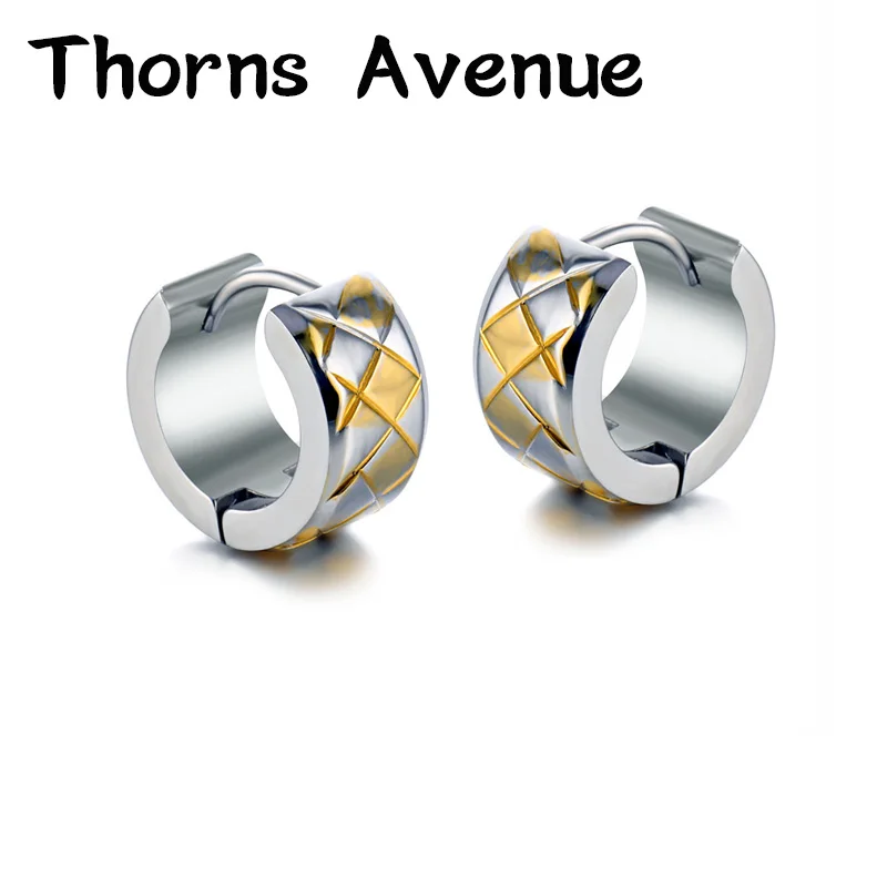 

Thorns Avenue Fashion 1 Pair Gold Sliver Color Lattice Shape Stainless Steel Men Hoop Earrings Punk Earrings For Men Women