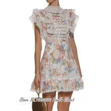 Women High Neckline Flutter Sleeves Floral Lace Cream Floral Print Frill Mini Dress