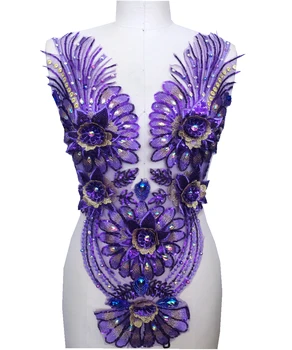 

3D Three-dimensional embroidery flowers purple lace applique with rhinestones decoration sew on trim patches 62*34cm for dress