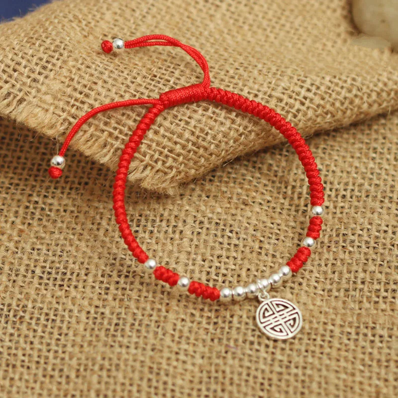 S925 стерлингового серебра кулон счастливый красный веревка ручной работы браслет ювелирные изделия