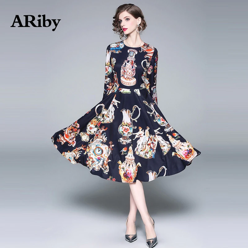 Women Dress Elegant Party Dress 2019 Spring/Summer New Fashion Round Collar Long-sleeved Vintage Printed A-Line Dress Plus Size Women Dress Elegant Party Dress 2019 Spring/Summer New Fashion Round Collar Long-sleeved Vintage Printed A-Line Dress Plus Size
