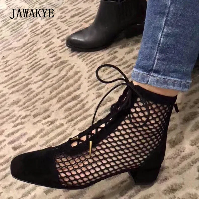 

2018 Black Suede Mesh Boots Women Square Toe Hollow Bandage Low Heel Ankle Boots Lady Fashion Summer Boots Woman Shoes