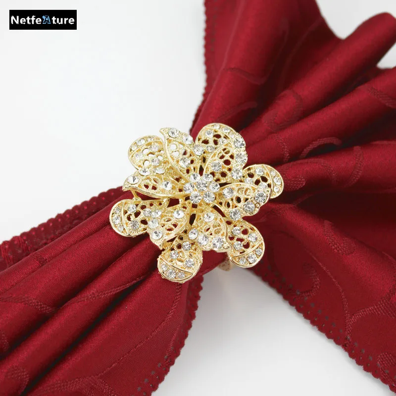 

63mm Luxurious Flowers Napkin Rings For Wedding Table Decoration Rhinestone Napkin Holder Nickle gold Plating Serviette Rings