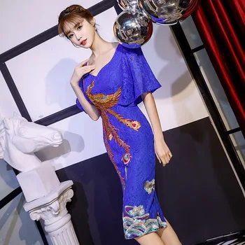 

Female Embroidery Phoenix Chinese Prom Dresss Novelty Cheongsam V-neck Lantern Sleeve Formal Party Dresses Hollow Out Qipao