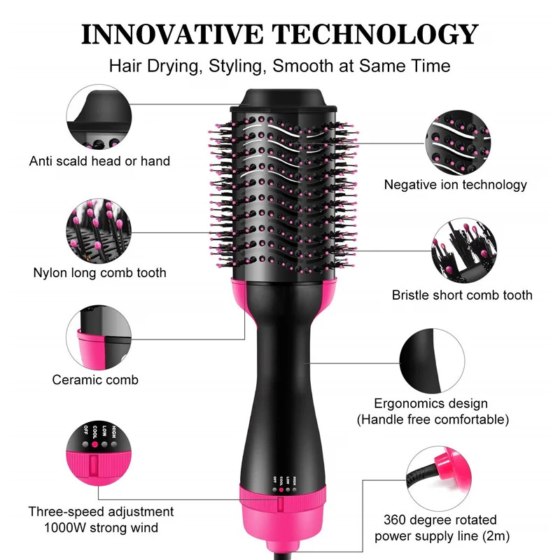 Electric Hot Air Curling Iron Comb 2 In 1 One Step Hair Dryer Brush And Volumizer Blow Straightener And Curler Salon Tools