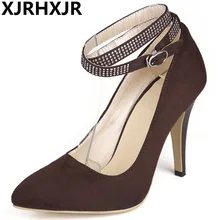 Size 33-45 New Women's Pumps Pointed Toe Suede Leather High Heels Sexy Ankle Strap Pumps Ladies Party Wedding Shoes Black Brown high heels quality designer shoes size 33 pumps ultra runway women scarpin suede 3 inch extreme super pointed toe ankle strap