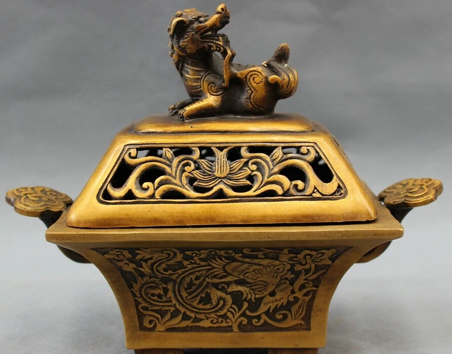 

648++8" Tibet Bronze FengShui Folk Dragon Phoenix Statue Box Incense Burner Censer