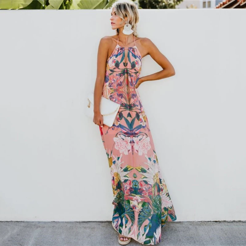 

Women Summer Bohemian Loose Beach Dress 2019 Casual Party Night Backless Pink Maxi Dress Plus Size Vs584