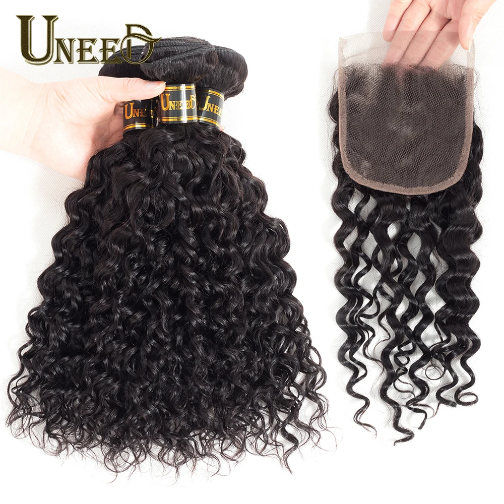 

Uneed Hair Water Wave 3Bundles With Closure Indian Hair Bundles With Lace Closure Remy Human Hair Weave Bundles With Closure