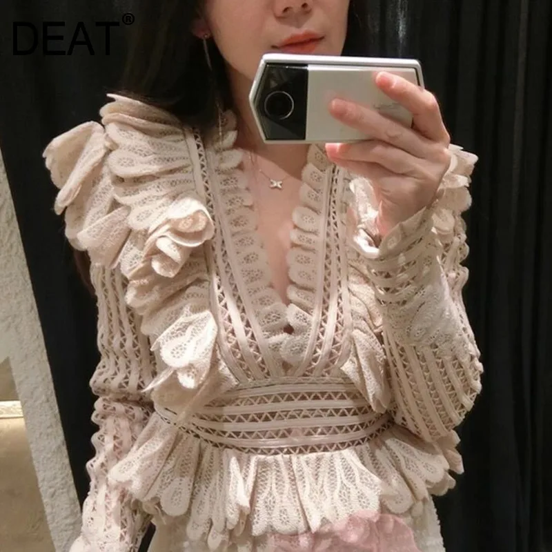 [DEAT] 2020 spring New Arrival Fashion Ruffles Long Sleeve Short Print V-neck Casual Hollow Fold Women Y-shirt Lady KB549 | Женская
