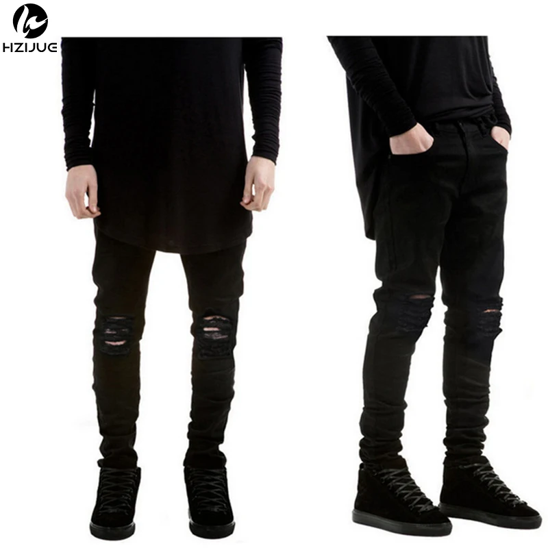 HZIJUE 2018 New Black Ripped Jeans Men With Holes Super Skinny Famous Designer Brand Slim Fit Destroyed Torn Jean Pants For Male