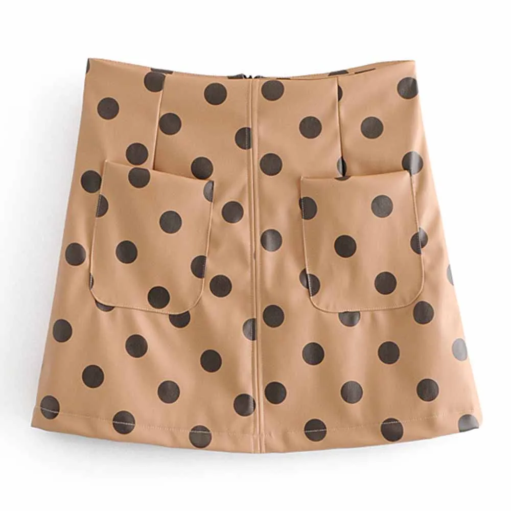 

ANSFX 2019 Vintage Polka Dot Print Faux Leather A-Line Short Skirt Stylish Women Slim Double Pockets High Waist Khaki Mini Skirt