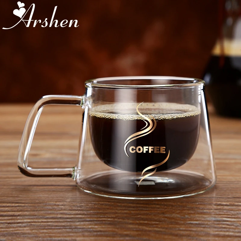 Arshen 200 مللي جدار مزدوج طبقة مج القهوة الزجاجي مقبض كوب ماء فنجان شاي الحرارة الباردة مقاومة الحليب القهوة Drinkware Coffeeware