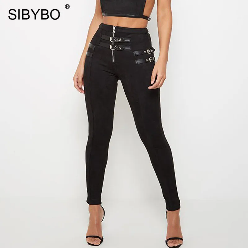 Baratos SIBYBO Suede Skinny alta cintura Casual Mujer Pantalones moda cinturón hebilla lápiz Pantalones mujer Otoño Invierno Sexy Pantalones mujer 2019