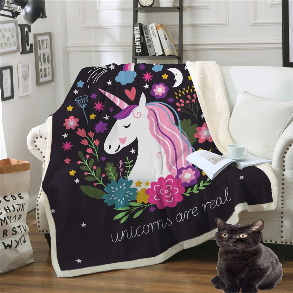2 Size Comfy Soft Cartoon Unicorn Printing Velvet Plush Blanket Cute