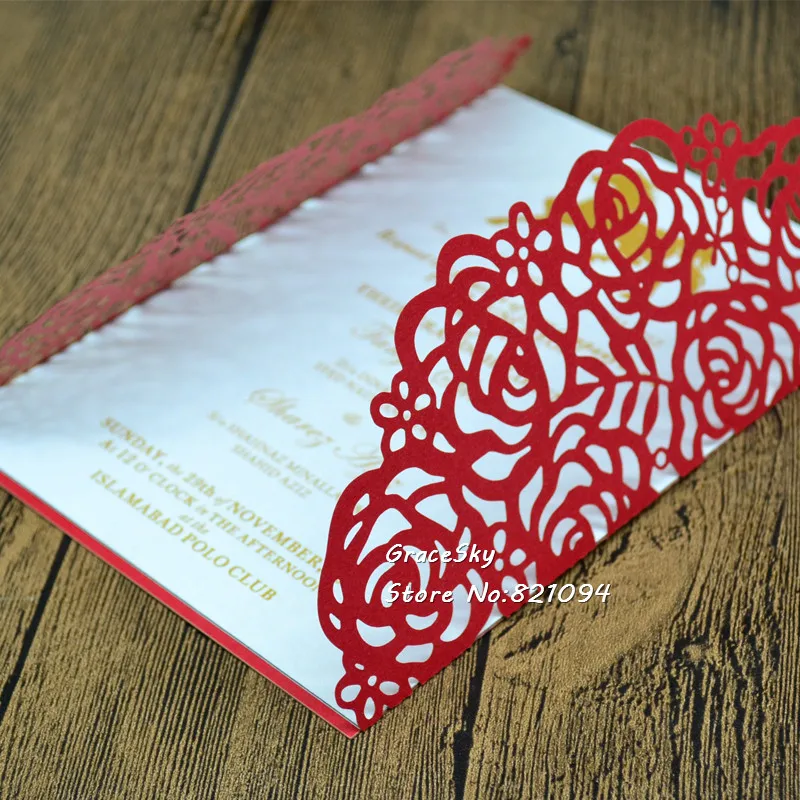 

50pcs Laser Cut Wedding Invitations cards European style Rose design with text customized, gold white black pink red 25 colors
