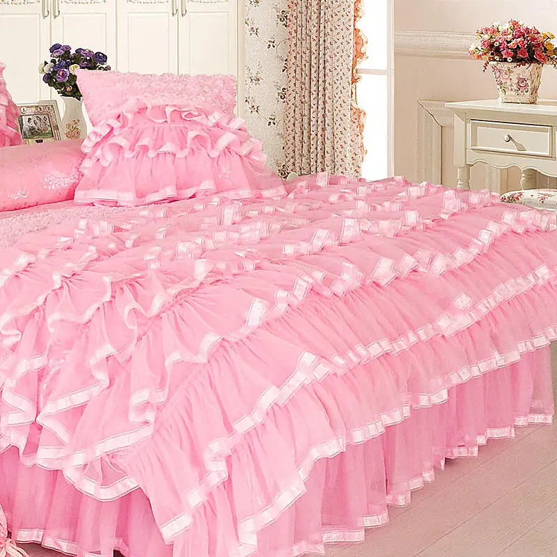 Details about   Lace Flower Bedding Set King QueenTwin Size 4Pc Pink Girl Princess Bed skirt set 