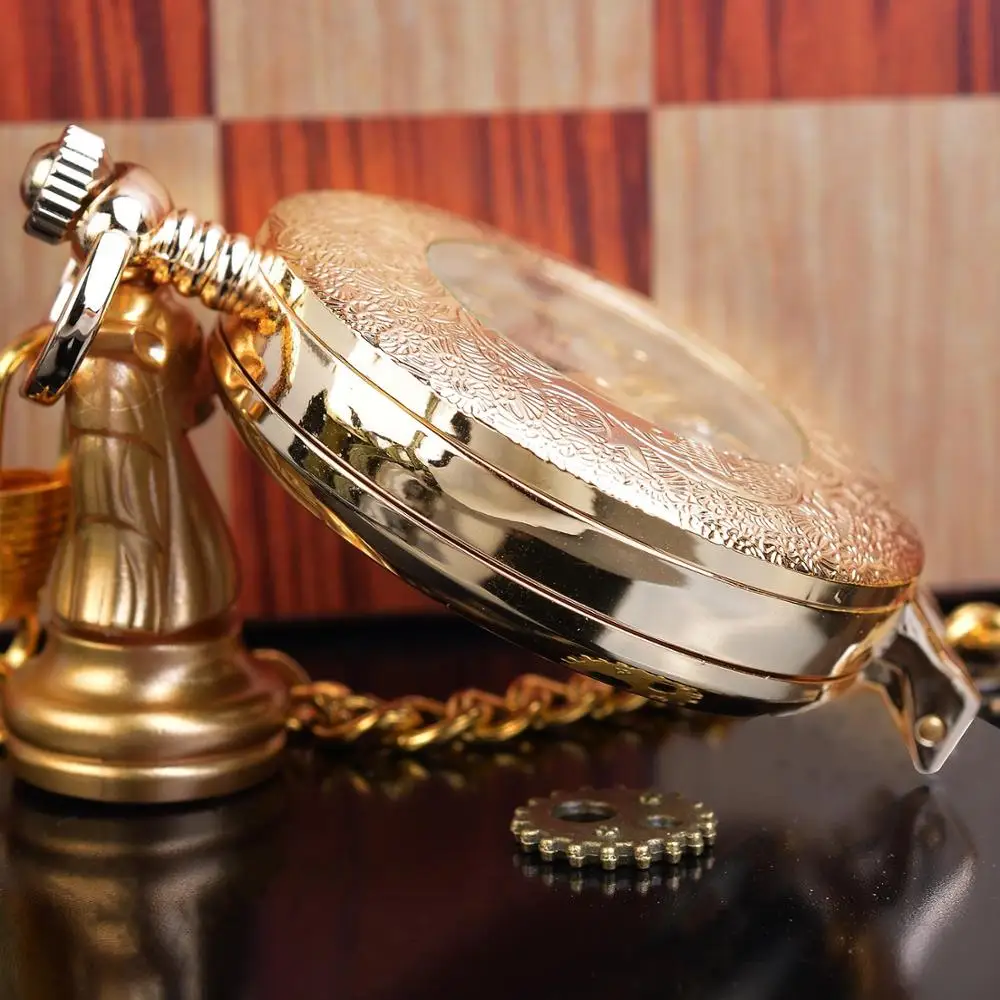 Hot Sale Retro Skeleton Transparent Case Pocket Watch Golden Men Lady FOB Long Chain Mechanical Hand 5