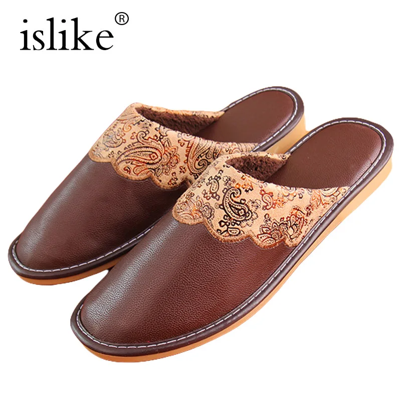 

Islike New Winter Men Leather Slippers PU Printing Paisley Oxford Slides Warm Plush Indoor Flip Flops Waterproof Big size Shoes