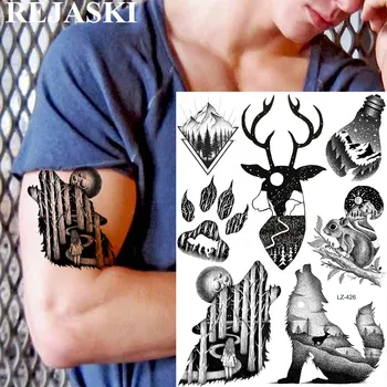 

REJASKI Elk Deer Wolf Howl Temporary Tattoos Sticker Forest Squirrel Paw Black Tattoo For Men Art Wrist Fake Custom Tattoo