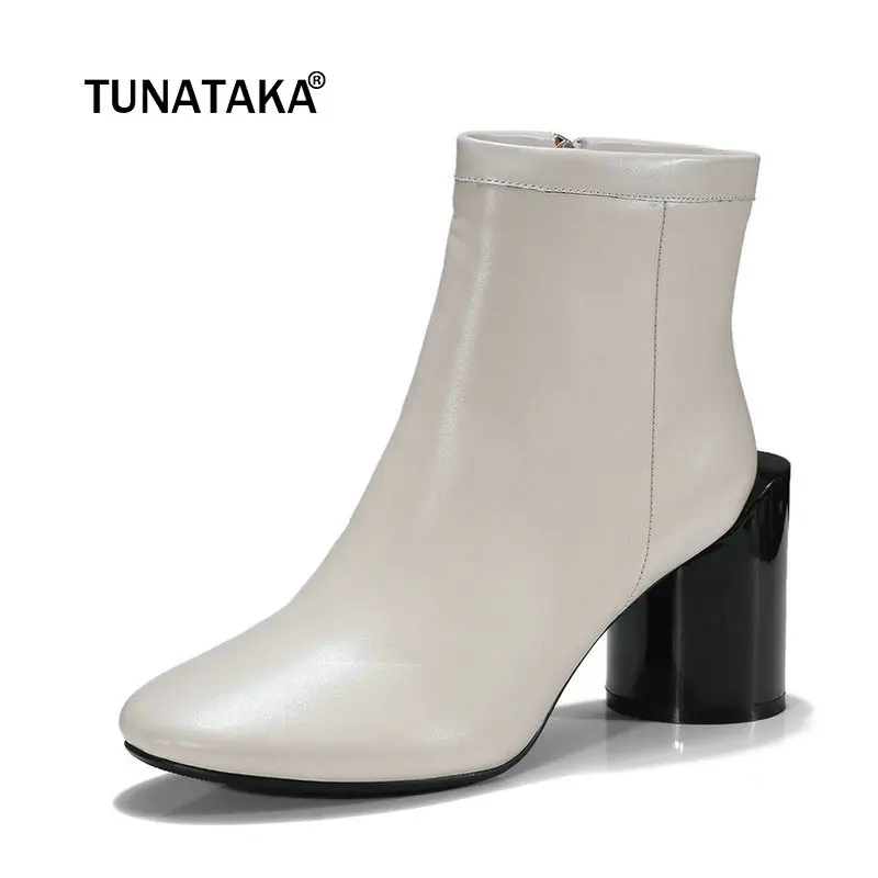 

Ladies Genuine Leather Square Heel Ankle Boots Fashion Zipper Round Toe Fall Winter Women Shoes Black Beige