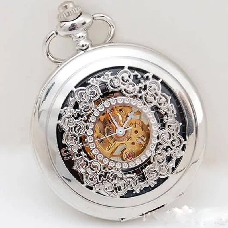 Новая мода мужские серебряные полые механические Seleton флип-крышка карманные часы цепь