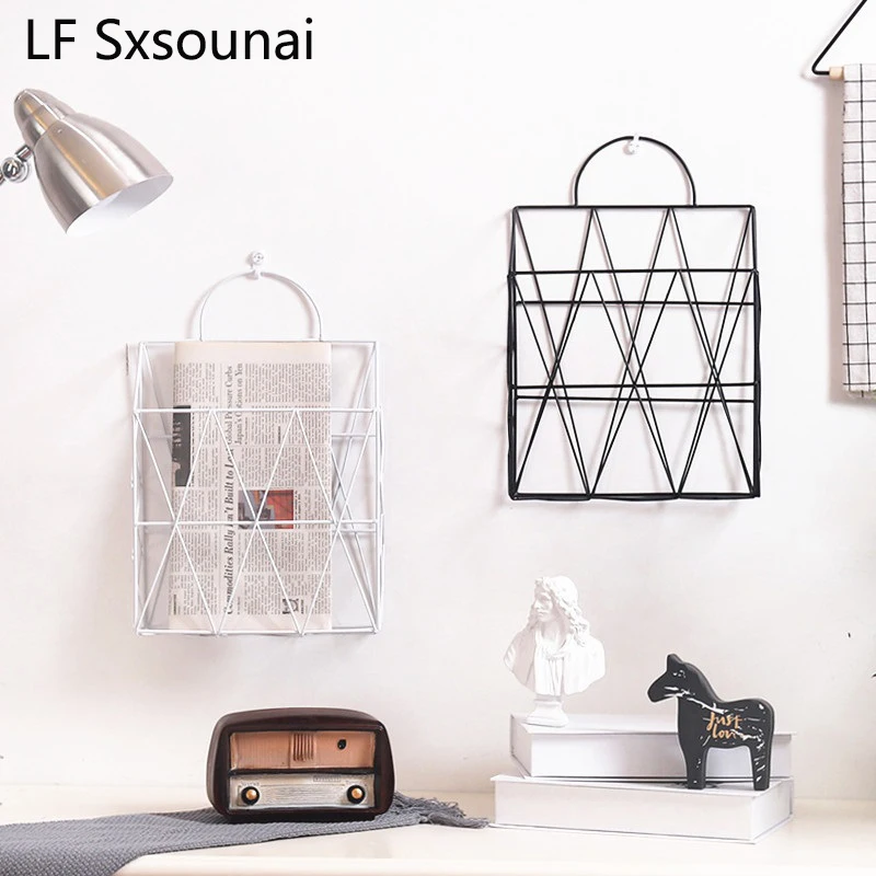 

LF Sxsounai Metal Gold Storage Basket Nordic Elegant Wall Hanging Portable Net Iron Storage Basket Desk Magazine Newspaper Organ