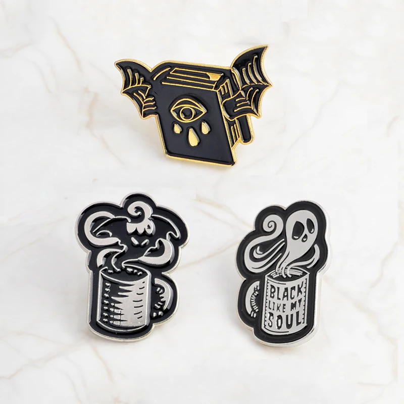 

Creative Magic Brooch Black Bat Evil Eye Magic Book Dark Soul Devil Coffee Cup Pin Badge Button Gothic Jacket Punk Accessories