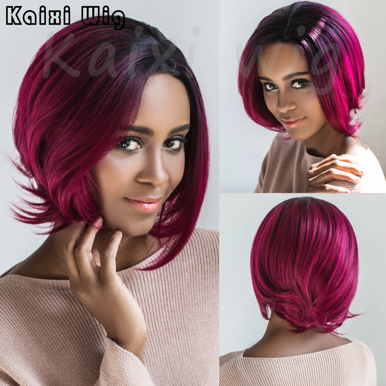 Synthetic Wig Female Short Bob Hairstyle Bob Wig Red Ombre Hair