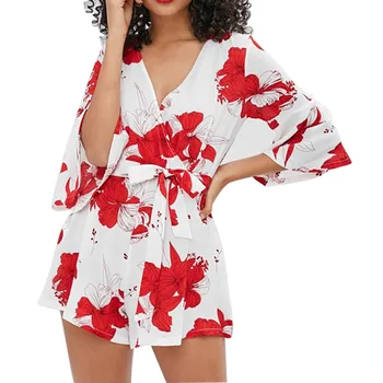 

Polyester suit Fashion women sexy jumpsuits Cross V-Neck Flare Sleeve Bandage Floral Print Casual Jumpsuits Straight c0426