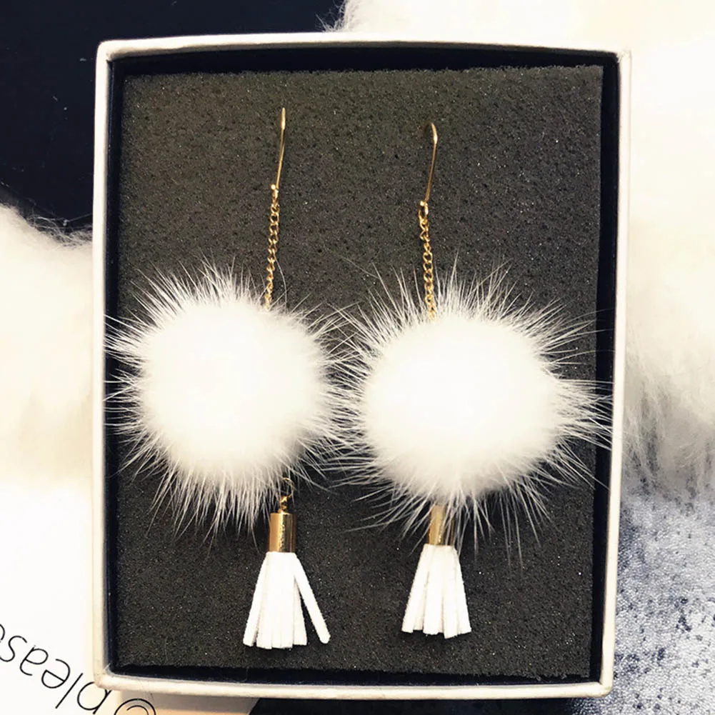 Mink Fur Ball Silver Earring Fur Tassel Earrings for Women Brincos