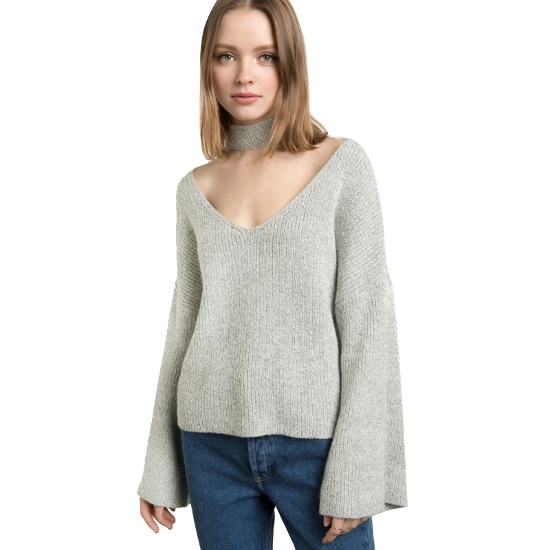 HYH HAOYIHUI  Gray V Neck Choker Female Pullover Casual Autumn Flare Sleeve Women Sweaters Vintage Sexy Basic Pullover Sweater