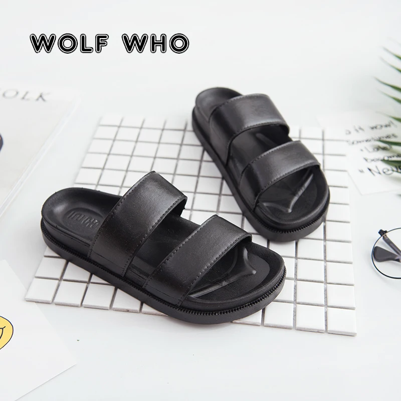 

WOLF WHO New Casual men sandals summer tide Male slippers british man beach sandals PU Leather Black lazy pedal flip flop X-164