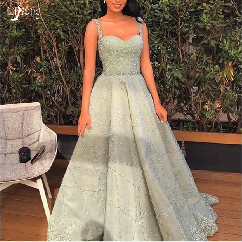 

Vestidos Mint Beaded A-line Pleated Strap Evening Prom Party Wear Formal Maxi Gowns Lady Luxury Lace Edge Vintage Long Gown