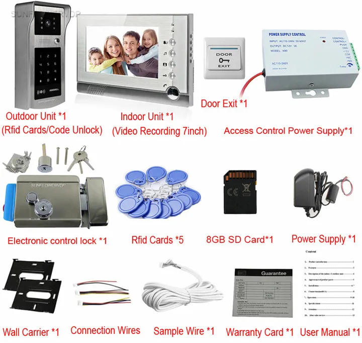 Rfid переговорные дома Интерком охранника 8 Гб SD карты памяти видео запись 7 "цветной видеодомофон двери камера с электронным замком