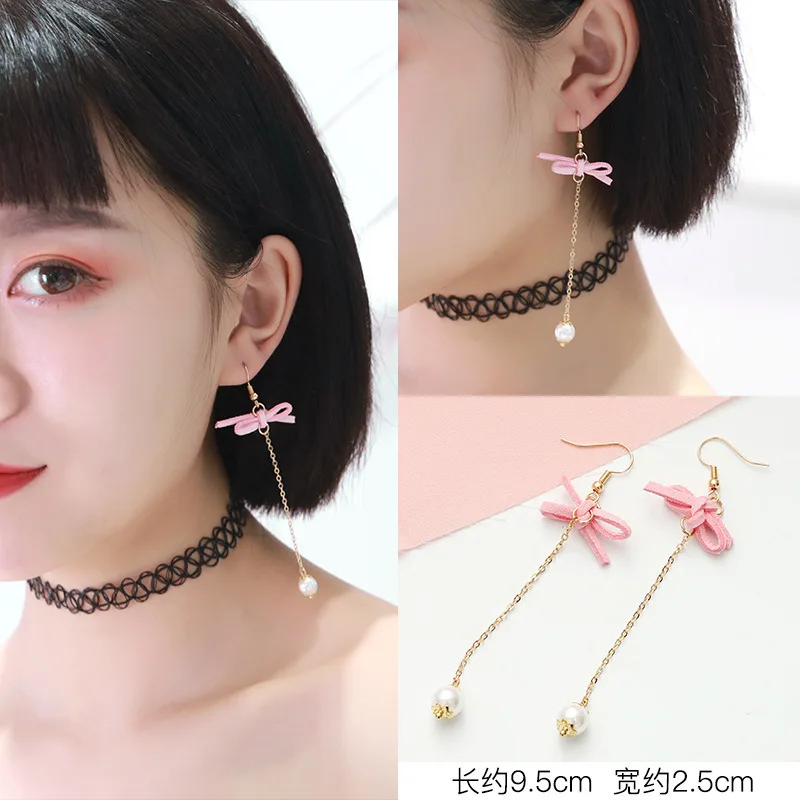 

SUKI Summer Lovely Pink Bow Earrings For Women Geometry Circle Simulated Pearl Long Dangle Drop Earrings Boucle D'oreille Brinco
