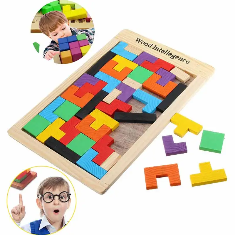 

Hot Selling Children Wooden Puzzles Toy Colorful Tangram Brain Jigsaw Board Kid Baby Intellectual Educational Tetris Casual Toys