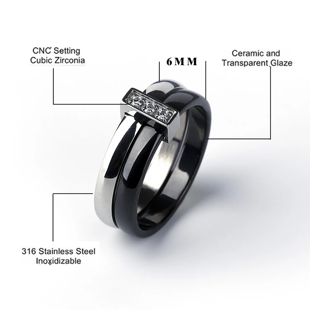 2018 Red Ceramic Ring For Women Two Layers Stainless Steel Silver Inlaid Zircon Thin Rings Unique Design Wedding Engagement Ring