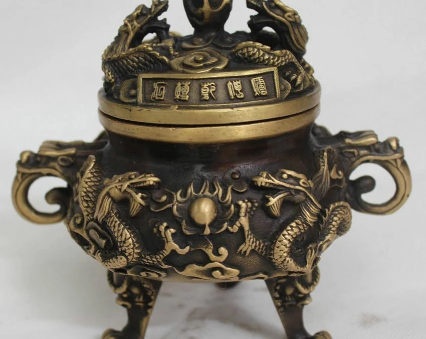 

6"Chinese Tibet Bronze Lifelike Lucky Nine Dragon Play Bead Incense Burner Cense