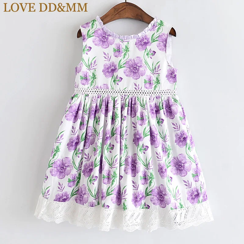 LOVE DD&MM Girls Dresses Summer New Children's Wear Girls Sweet Full Printed Flowers Fungus Collar Lace Side Princess Dress - Цвет: Лаванда