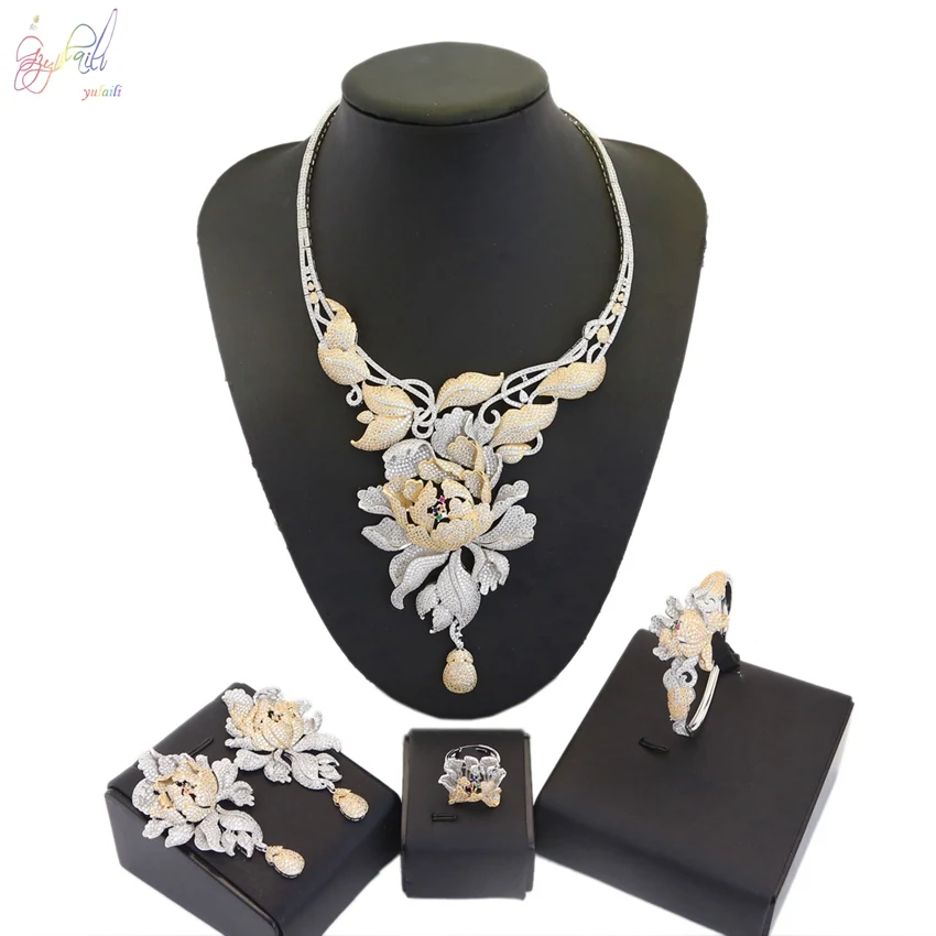 

Yulaili Cubic Zirconia American Stone Luxury Dubai Gold Color Silver Mix Bridal Wedding Necklace Jewelry Sets For Women