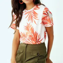 Dreamlikelin Повседневная футболка для женщин с принтом листьев и круглым вырезом Топы с коротким рукавом классные летние футболки Vogue Женская