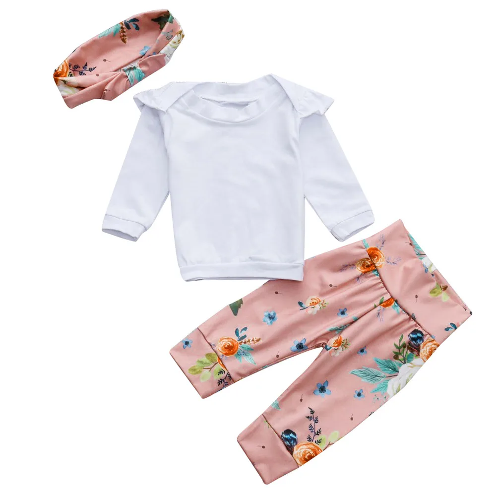 

Children 2019 Clothing Set Long Sleeve Cotton Newborn Infant Baby Girls Ruched Tops Shirt+Floral Print Pants Outfits Sets