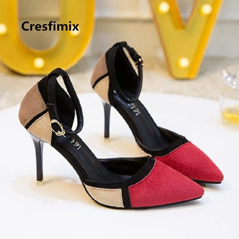 

Women Fashion High Quality Flock Multi Color High Heel Shoes Lady Spring & Summer Buckle Clip Pointed Toe High Heel Shoes E2711
