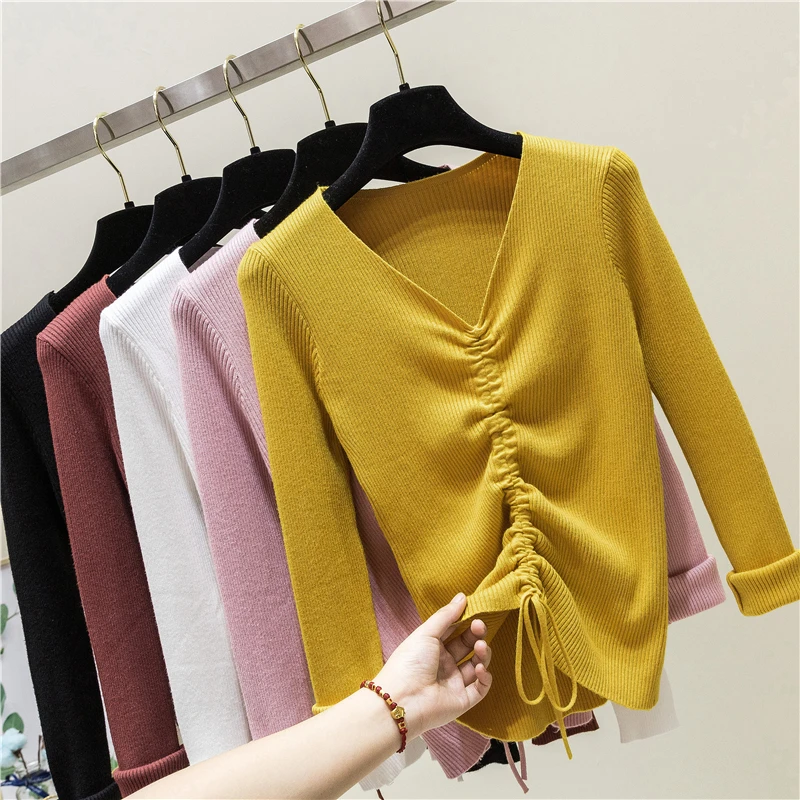 

Bandage Irregular Ruched Basic Women's Sweater 2019 Autumn Winter Warm Slim Sexy Knitted Jumper V-Neck Lady's Sweaters Pullover