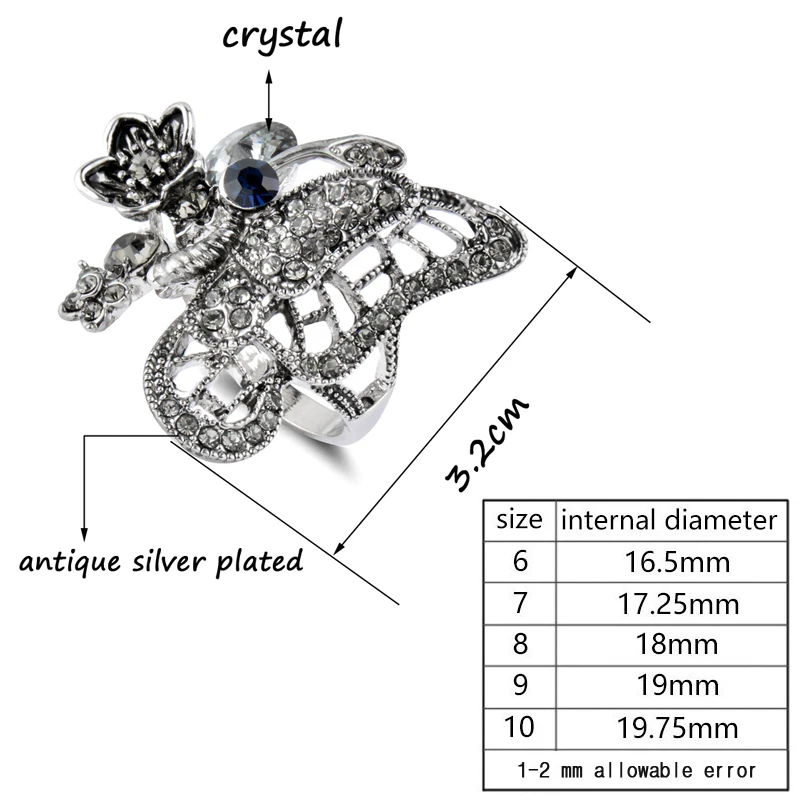 SINLEERY Роскошные винтажные кольца с серым кубическим цирконием и большой бабочкой для женщин, обручальные кольца, античный серебряный цвет Jz013 SSC